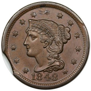 1848 Braided Hair Large Cent,  Rare N - 39,  R5,  Clipped Planchet,  Unc Detail