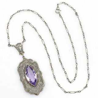 Antique 10k White Gold 3.  60 Ct Amethyst Filigree Necklace 4.  8 Grams 16 Inches