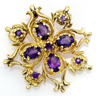 Vintage 14k Yellow Gold 2.  15 Tcw Amethyst Floral Brooch Pin 5.  7 Grams