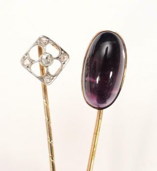 2 Antique Gentlemans 14k Gold Stick Pins,  Diamonds & Amethyst,  Nr