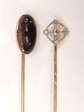 2 Antique Gentlemans 14k Gold Stick Pins,  Diamonds & Amethyst,  NR 4