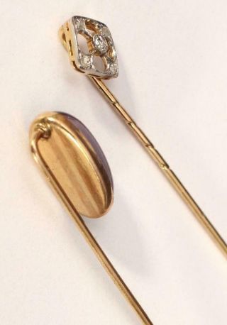 2 Antique Gentlemans 14k Gold Stick Pins,  Diamonds & Amethyst,  NR 5
