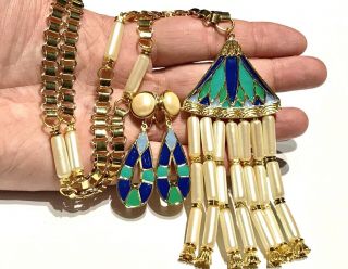Vtg Set Hattie Carnegie Faux Pearl Enamel Egyptian Revival Earrings & Necklace