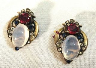 Rare Alfred Philippe Crown Trifari Stirling Moonstone Cab & " Jeweled " Earrings
