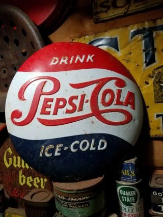 Vintage Old Pepsi Cola Button Metal Sign Gas Station General Store Coke