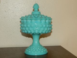 Vintage Mid Century Fenton Turquoise Hobnail Pedestal Candy Dish With Lid 1950 