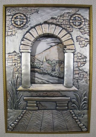 Vintage High Relief.  999 Sterling Silver Art Signed Archway Window Village Yqz