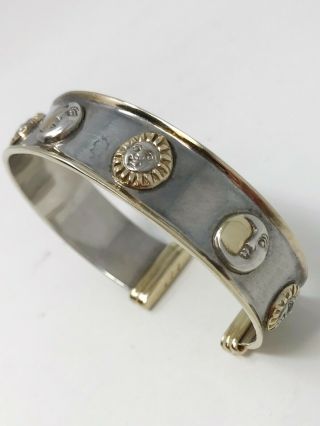 Sergio Bustamante Sterling & Gold Plated Cuff Bracelet w Suns & Moons 7 1/4 