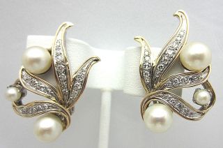 Vintage 14k Yellow Gold Pearl And 0.  70 Ct Diamond Earrings