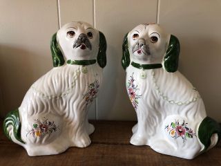 Large Hand Painted Staffordshire Dogs White & Green Made In Portugal Vtg