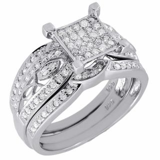 Diamond Bridal Set.  925 Sterling Silver Antique Filigree Engagement Ring 0.  57 Ct