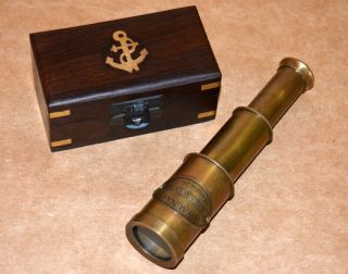 Antique Vintage Maritime 6 " Brass Telescope Royal Navy Spyglass W/ Wooden Box