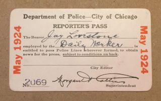 Antique Chicago Police Press Pass Rare 1924 Jay Lovestone Daily Worker Socialist