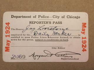 Antique Chicago Police Press Pass Rare 1924 Jay Lovestone Daily Worker Socialist 2