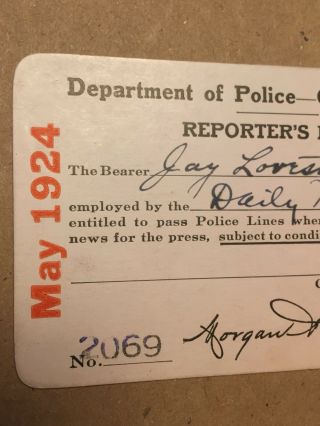 Antique Chicago Police Press Pass Rare 1924 Jay Lovestone Daily Worker Socialist 7