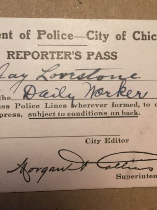 Antique Chicago Police Press Pass Rare 1924 Jay Lovestone Daily Worker Socialist 8