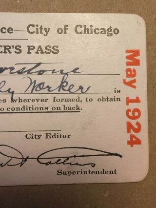 Antique Chicago Police Press Pass Rare 1924 Jay Lovestone Daily Worker Socialist 9