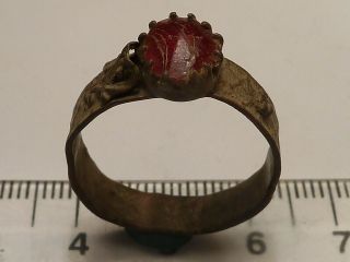 4281 Ancient Byzantine Bronze Ring With A Red Glass 20 Mm