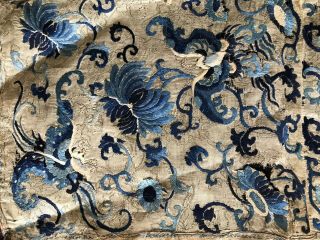 ANTIQUE CHINESE SILK FABRIC EMBROIDERED - Blue LOTUS 24 