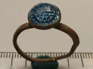 4280 Ancient Byzantine Bronze Ring With A Blue Glass 17mm