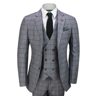 Mens 3 Piece Grey Check Suit Retro Vintage Smart Tailored Fit Classic Formal