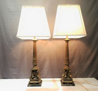 Tall Vintage Cast Metal Cherub Column Lamps