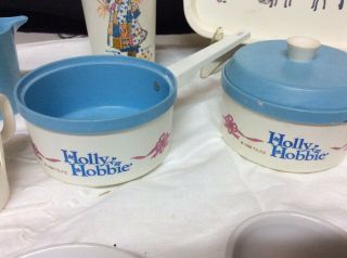 Vintage 1984 Holly Hobbie Toy Plastic/Porcelain Pitchers Cups Tray Pots Cloth 5