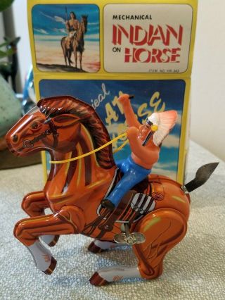 Vintage Mtu Made In Korea Wind Up Tin Mechanical Indian On Horse Toy W Box