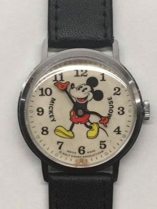 Vintage 1970s Bradley Fat Boy Pie Eye Mickey Mouse Mens Wrist Watch 34mm Swiss