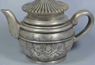 Collectable Handwork Exorcism Old Miao Silver Carve Guanyin Boy Royal Teapot 2