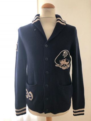 Vtg Polo Ralph Lauren Letterman Sweater - Patches - Pirate - Shawl Collar - S