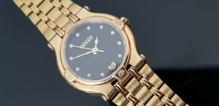 Gucci 9200l Ladies Gold Plated Bracelet Watch With Diamond Dial In Gucci Box.