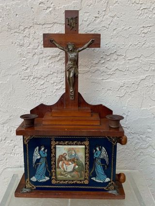 Antique Last Rites Box With Large Crucifix & Rotating Scenes