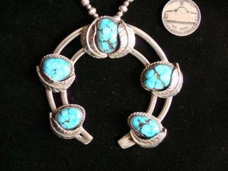 Vintage Sterling Silver Navajo Squash Blossom Necklace W5 Turquoise & Leaves 20 "
