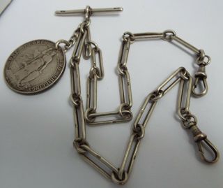 Lovely English Antique 1902 Solid Sterling Silver Double Albert Chain & Coin Fob