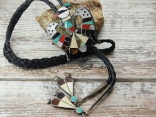 Vtg Old Pawn Zuni Bobby Corraine Shack Sterling Silver Large Bolo Tie Turquoise