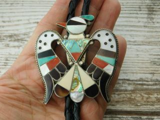 Vtg Old Pawn ZUNI Bobby Corraine SHACK STERLING Silver Large BOLO TIE TURQUOISE 3