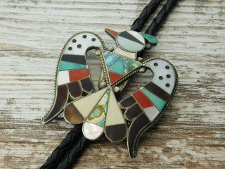 Vtg Old Pawn ZUNI Bobby Corraine SHACK STERLING Silver Large BOLO TIE TURQUOISE 8