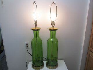 Vintage Blenko Glass Lamps Bottle Shaped Ribbed Green Glass 38 1/4 " Tall