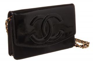 153 - 8 Chanel Vintage Black Patent Leather Wallet On Chain WOC Bag 2