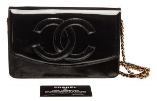 153 - 8 Chanel Vintage Black Patent Leather Wallet On Chain WOC Bag 3