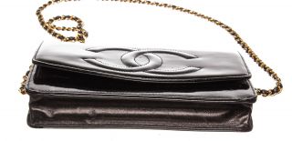 153 - 8 Chanel Vintage Black Patent Leather Wallet On Chain WOC Bag 4