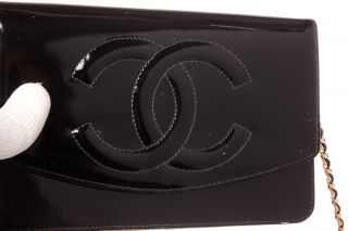 153 - 8 Chanel Vintage Black Patent Leather Wallet On Chain WOC Bag 6