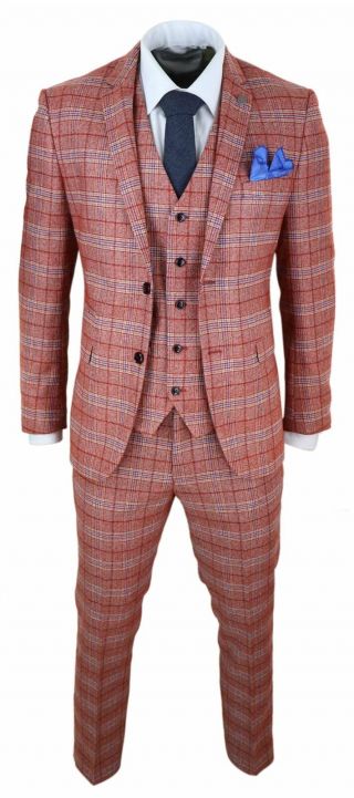 Mens 3 Piece Tweed Check Suit Herringbone Vintage Smart Wine Red Peaky Blinders