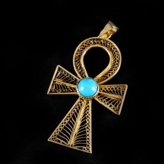 Vintage Fine Estate Solid 18k Yellow Gold Turquoise Pendant Ankh Cross Egyptian