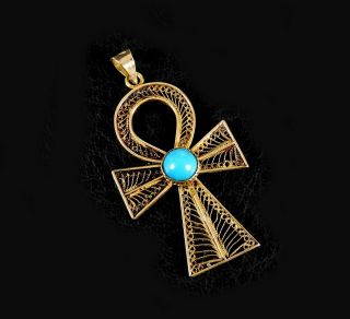 Vintage Fine Estate Solid 18K Yellow Gold Turquoise Pendant Ankh Cross Egyptian 2