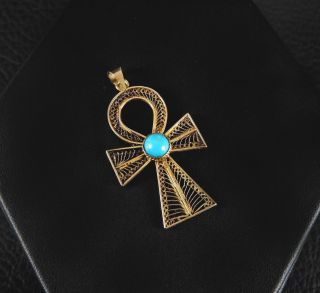 Vintage Fine Estate Solid 18K Yellow Gold Turquoise Pendant Ankh Cross Egyptian 3