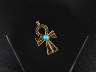 Vintage Fine Estate Solid 18K Yellow Gold Turquoise Pendant Ankh Cross Egyptian 4