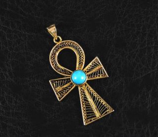 Vintage Fine Estate Solid 18K Yellow Gold Turquoise Pendant Ankh Cross Egyptian 5