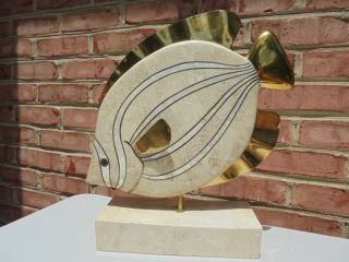 Vintage Maitland Smith Tessellated Stone & Brass Large Fish Sculpture 15 3/4 "